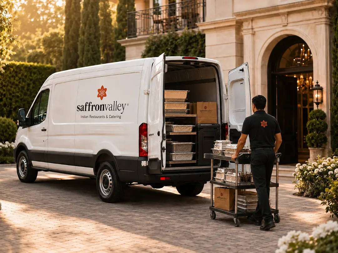 Saffron Valley delivery van with catering trays and service cart arriving at an elegant event venue