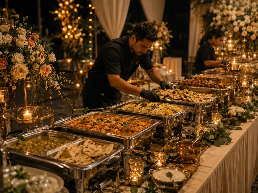 Catering staff arranging an elegant Indian food buffet with rice, naan, curries, flowers, and candles at a private event