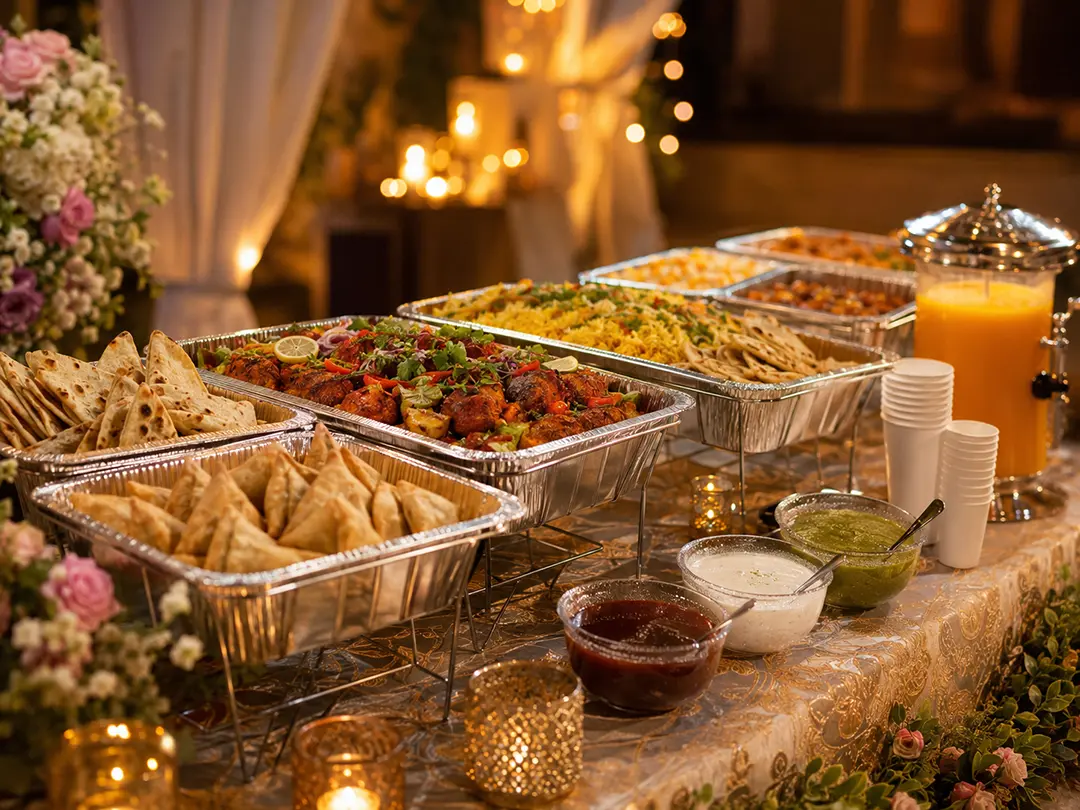 Elegant Indian catering buffet with naan, samosas, rice, chutneys, and beverages displayed at a private event