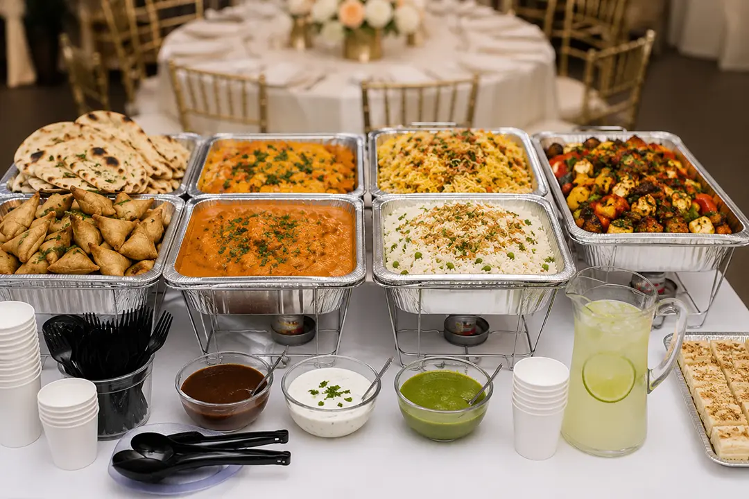Indian catering buffet with samosas, naan, curries, rice, grilled dishes, chutneys, lemonade, and desserts at an elegant event
