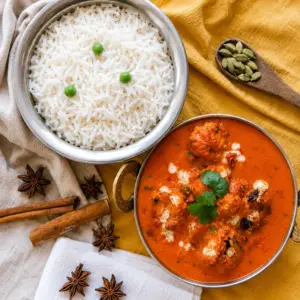 Creamy tomato-based Indian chicken curry served with basmati rice, cilantro, cardamom, cinnamon, and star anise