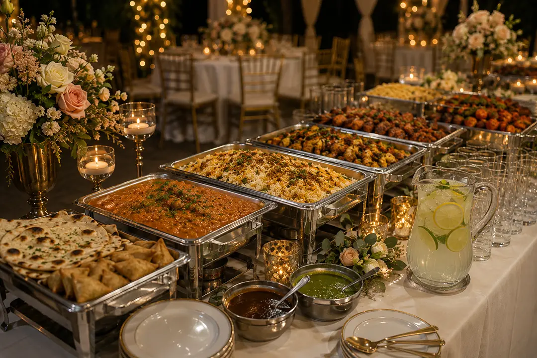 Elegant Indian catering buffet with naan, samosas, curries, rice, grilled dishes, chutneys, lemonade, and glassware at a formal event