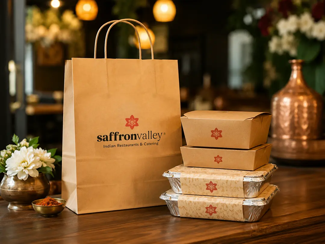 Saffron Valley pick-up catering order with branded paper bag and food containers displayed on a wooden counter